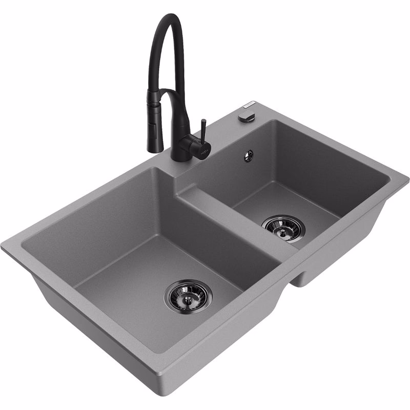 MEXEN/S MEXEN/S - Tomas granitový drez 2-bowl vrátane batérie Aster, šedá 6516-71-73450-70-B