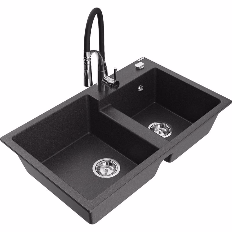 MEXEN/S MEXEN/S - Tomas granitový drez 2-bowl vrátane batérie Aster, čierna kropenatá 6516-76-73450-07