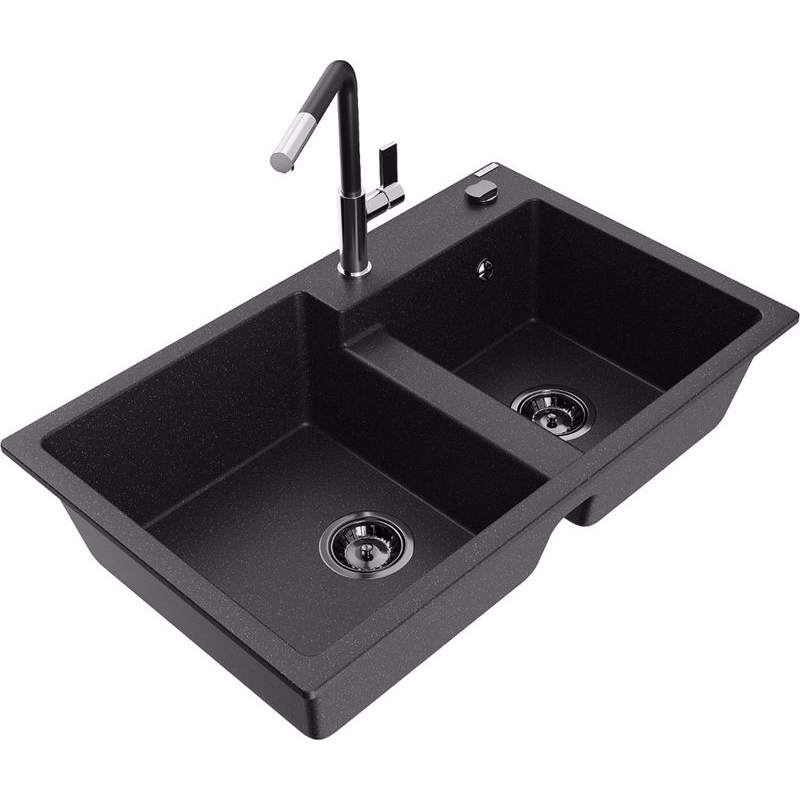 MEXEN/S MEXEN/S - Tomas granitový drez 2-bowl vrátane batérie Flora, čierna/srebrny metalik 6516-73-670401-07-B