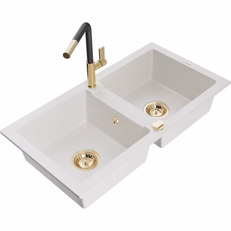 MEXEN/S MEXEN/S - Mario granitový drez 2-bowl vrátane batérie Flora, biela 6504-20-670401-57-G