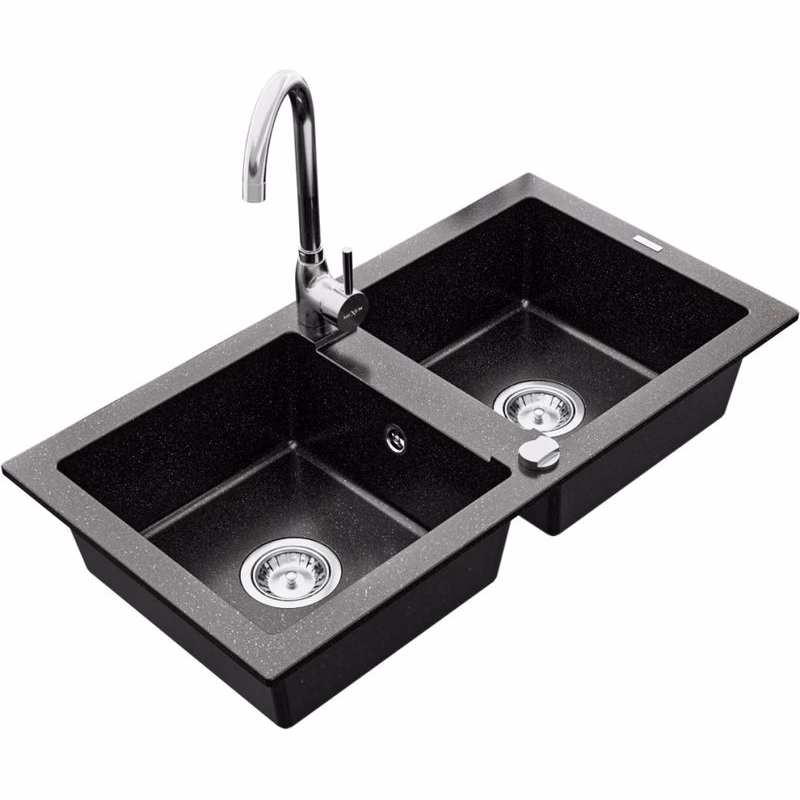 MEXEN/S MEXEN/S - Mario granitový drez 2-bowl vrátane batérie Telma, čierna/strieborný 6504-73-670200-00