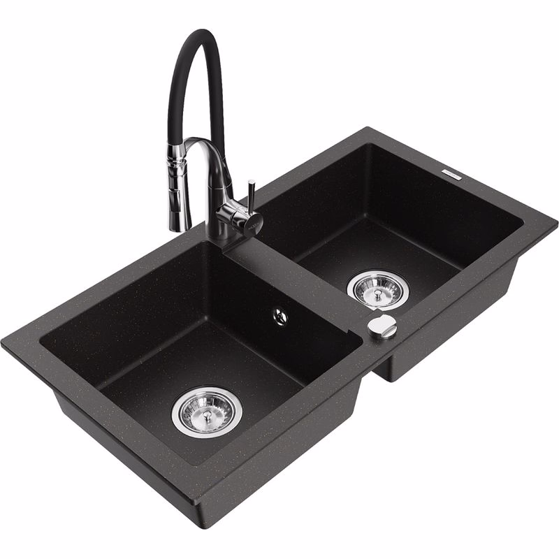 MEXEN/S MEXEN/S - Mario granitový drez 2-bowl vrátane batérie Aster, čierna/zlatá metalik 6504-75-73450-07