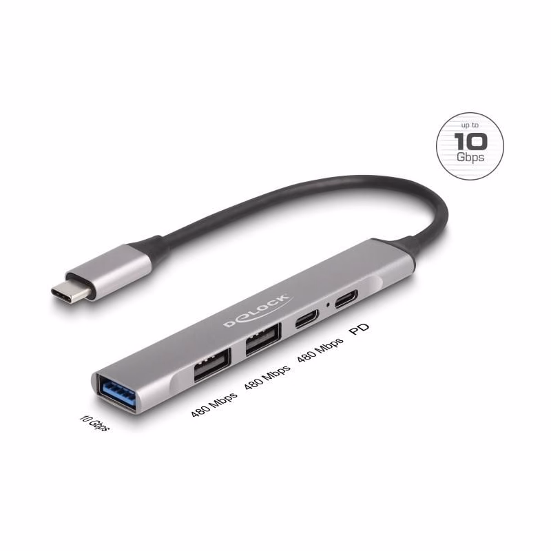 Delock 4-portový tenký Hub USB Type-C™ majúci 1 x USB 10 Gbps Typ-A + 2 x USB 2.0 Typ-A + 1 x USB 2.0 USB Type-C™ a PD 9