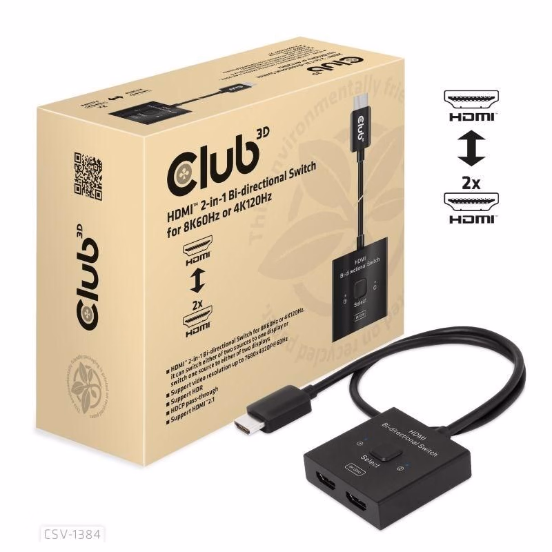 Club3D Switch, HDMI na 2xHDMI Obojstranný 2v1, 8K60Hz, 4K120Hz