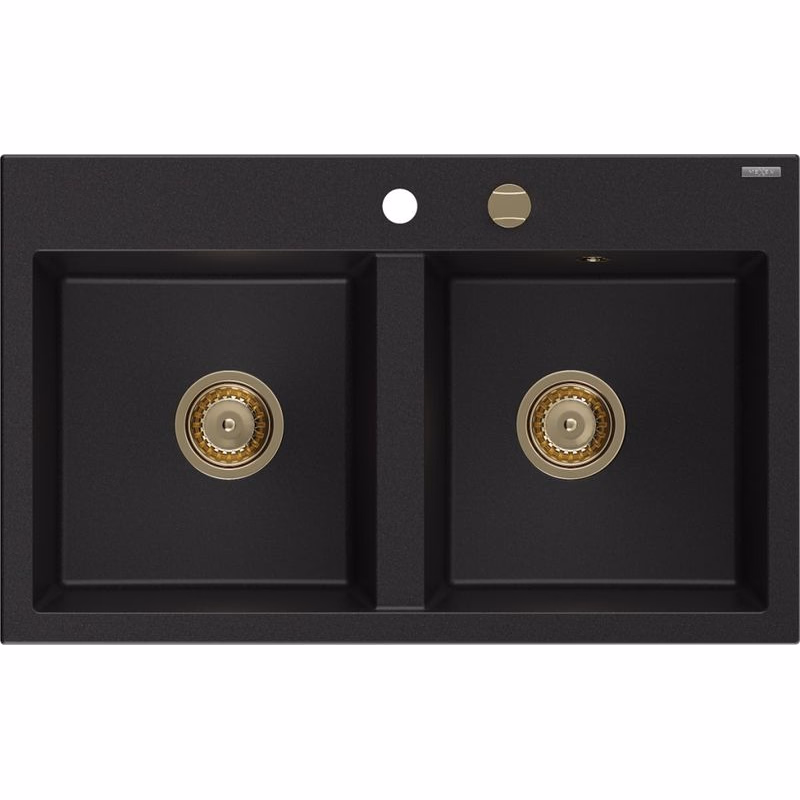 MEXEN/S MEXEN/S - Hektor granitový drez 2-bowl 800 x 480 mm, čierna, zlatý sifón 6521802000-77-G