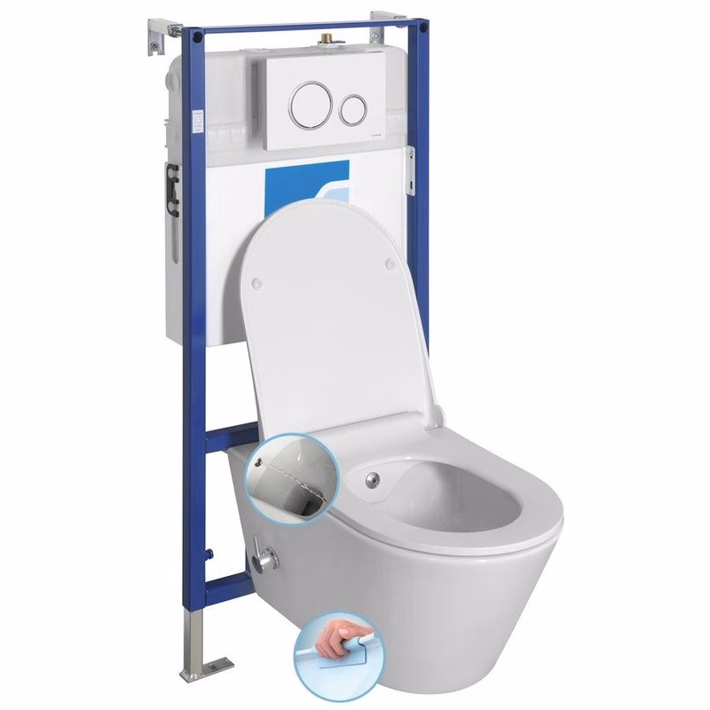 SAPHO - Závesné WC AVVA CLEANWASH, integr. batéria a bidet. sprška s podomietkovou nádržkou a tlačidlom Schwab, biela 100315-SET5