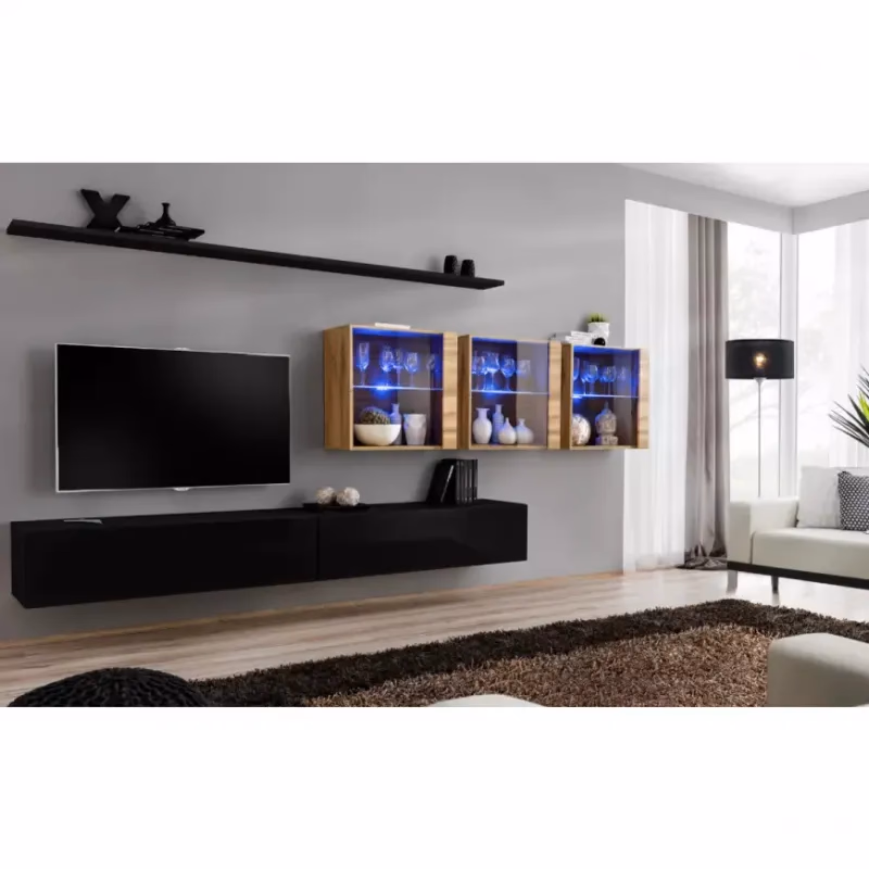 Obývacia stena Switch XVII Sklo +LED čierna/Wotan