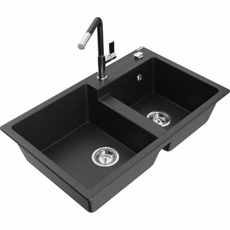 MEXEN/S MEXEN/S - Tomas granitový drez 2-bowl vrátane batérie Flora, čierna/srebrny metalik 6516-73-670401-07
