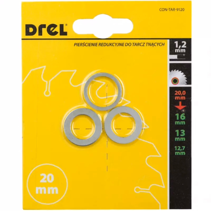 Redukčný krúžok pre pílové kotúče, 20/16 mm, 20/13 mm, 20/12,7 mm, hrúbka 1,2 mm, 3 ks, Drel