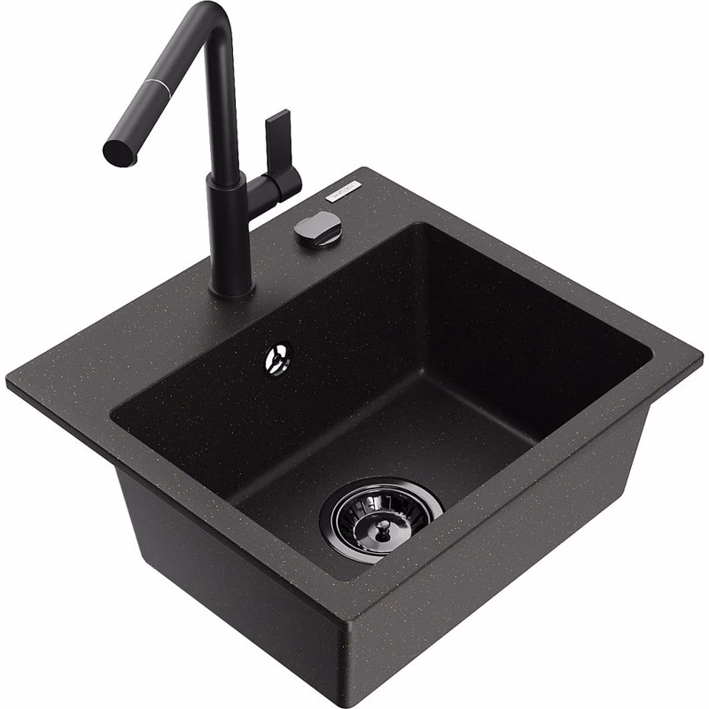 MEXEN/S MEXEN/S - Milo granitový drez 1-miska vrátane batérie Flora, čierna/zlatá metalik 6505-75-670401-70-B
