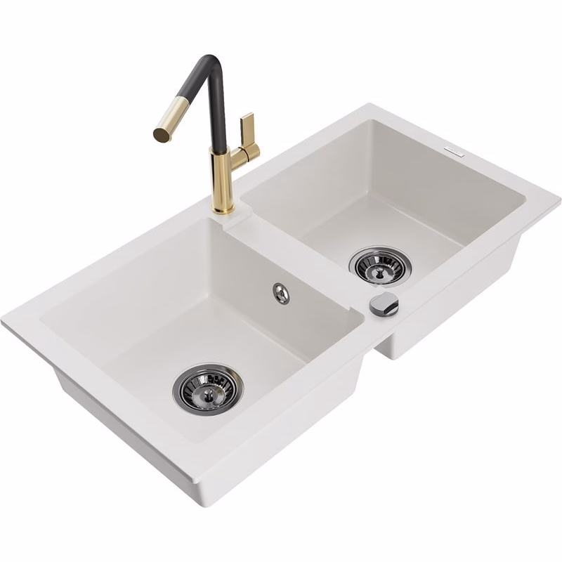 MEXEN/S MEXEN/S - Mario granitový drez 2-bowl vrátane batérie Flora, biela 6504-20-670401-57-B