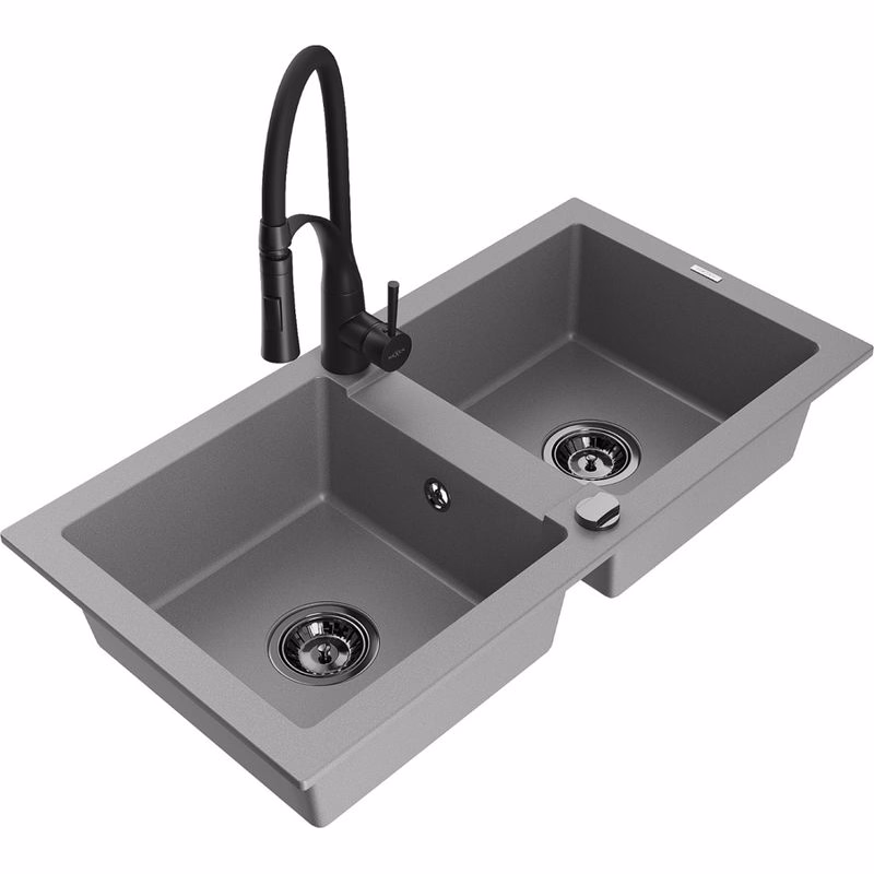 MEXEN/S MEXEN/S - Mario granitový drez 2-bowl vrátane batérie Aster, šedá 6504-71-73450-70-B