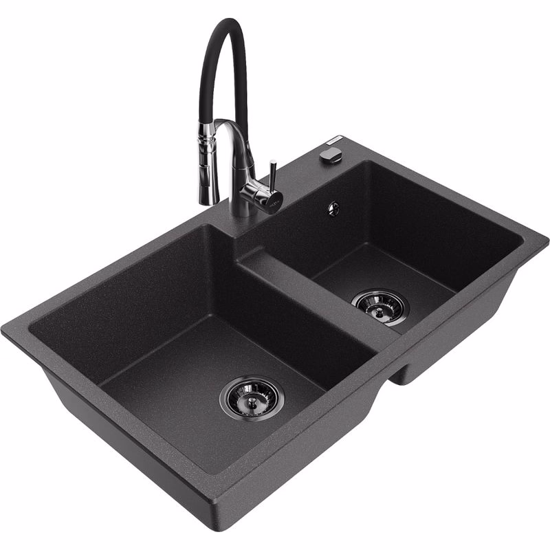 MEXEN/S MEXEN/S - Tomas granitový drez 2-bowl vrátane batérie Aster, čierna kropenatá 6516-76-73450-07-B