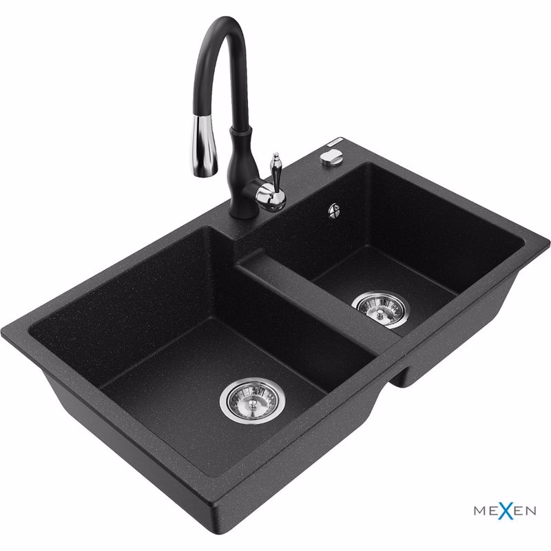 MEXEN/S MEXEN/S - Tomas granitový drez 2-bowl vrátane batérie Savita, čierna/strieborná metalík 6516-73-672601-70