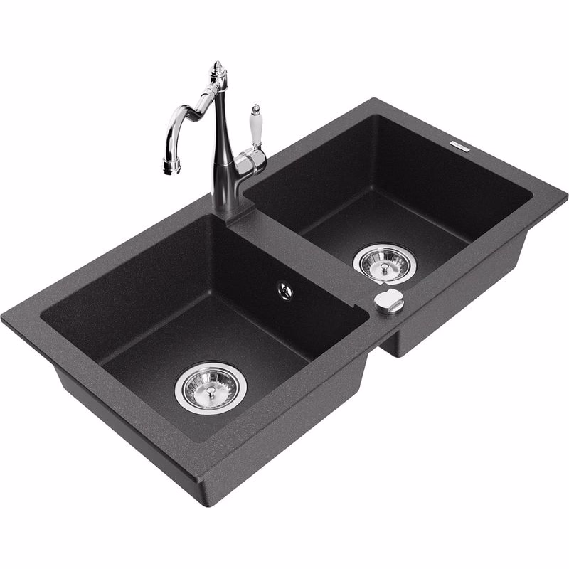 MEXEN/S MEXEN/S - Mario granitový drez 2-bowl vrátane batérie Carla, čierna kropenatá 6504-76-670700-00