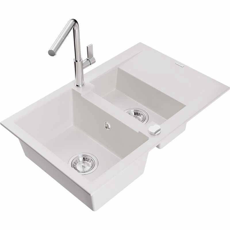 MEXEN/S MEXEN/S - Gaspar granitový drez 1.5 s odkvapkávačom vrátane batérie Flora, biela 6507-20-670401-00