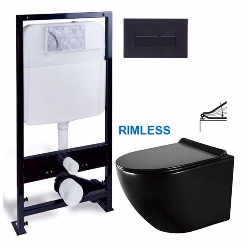 PRIM predstenový inštalačný systém s čiernym tlačidlom 20/0044 + WC MEXEN LENA ČERNÁ Rimless + SEDADLO PRIM_20/0026 44 ME01