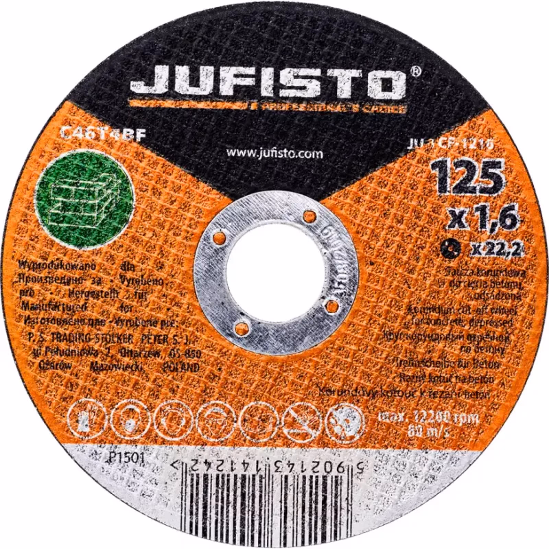 Kotúč korundový, na rezanie betónu, 125x1.6x22.2 mm, Jufisto