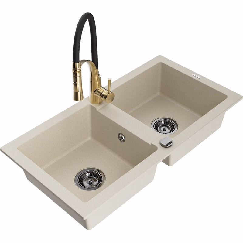 MEXEN/S MEXEN/S - Mario granitový drez 2-bowl vrátane batérie Aster, bážová 6504-69-73450-57-B