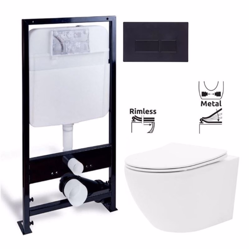 PRIM predstenový inštalačný systém s čiernym tlačidlom 20/0044 + WC REA Carlo Flat Mini Rimlesss + SEDADLO PRIM_20/0026 44 CF1