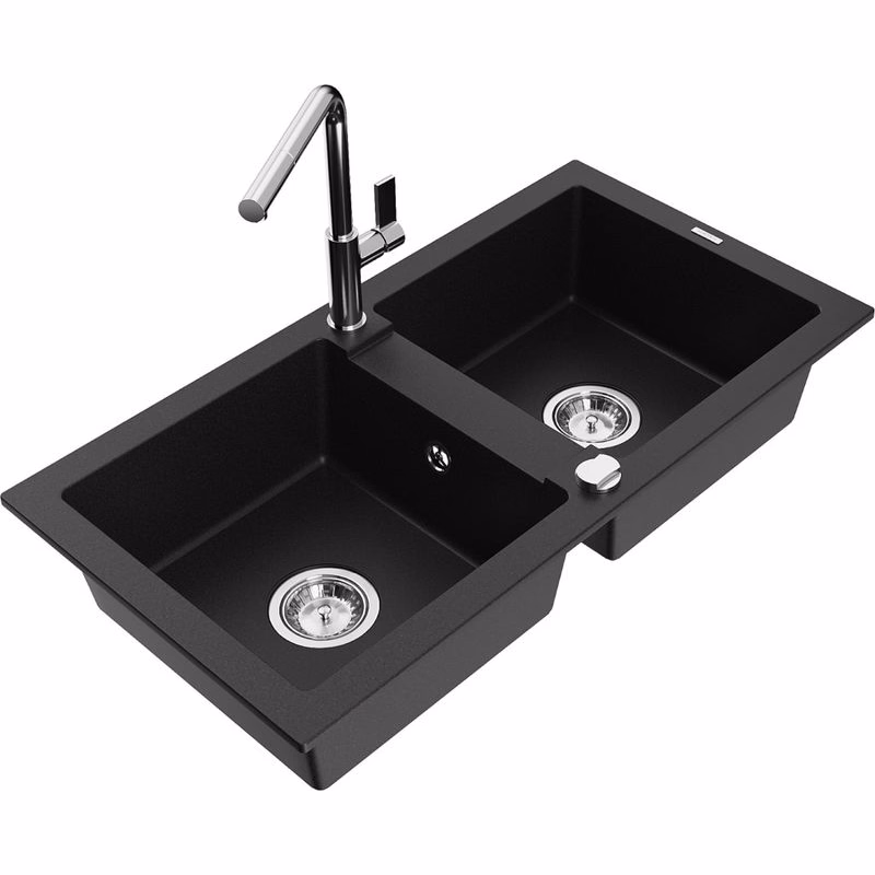 MEXEN/S MEXEN/S - Mario granitový drez 2-bowl vrátane batérie Flora, čierna 6504-77-670401-00