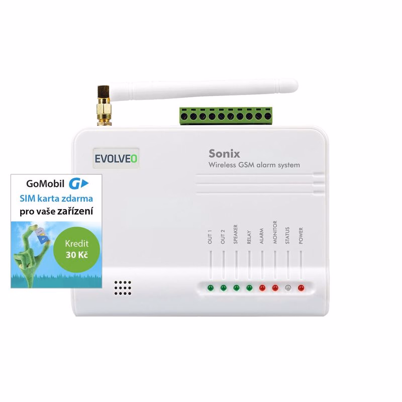 EVOLVEO Sonix - bezdrôtový GSM alarm (4 ks diaľk. ovl., PIR čidlo pohybu, čidlo na dvere/okno, externé repro, Android/iPhone