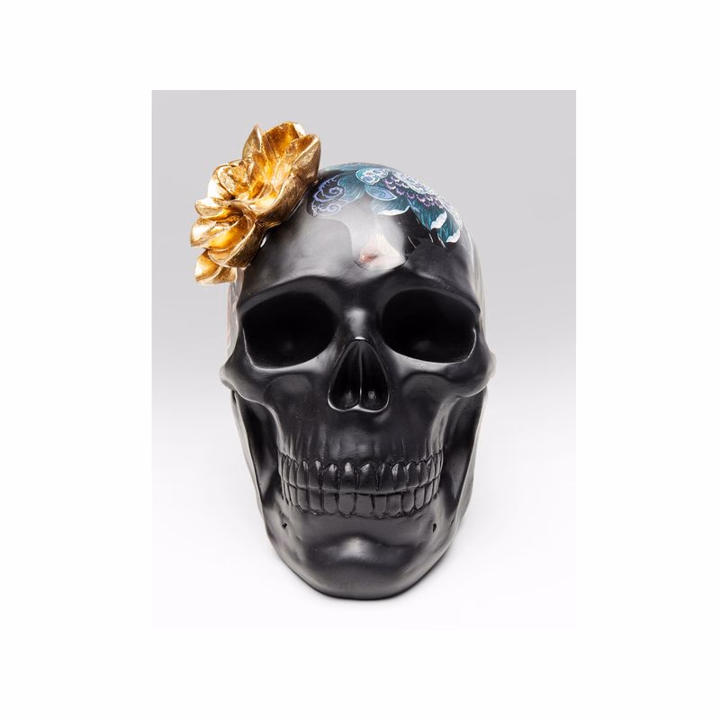 Flower Skull dekorácia lebka čierna/zlatá