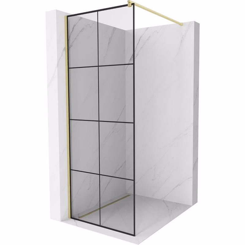 MEXEN/S - Kioto Sprchová zástena WALK-IN 90 x 200, čierny vzor 8 mm, zlatá kartáčovaná 800-090-101-55-77