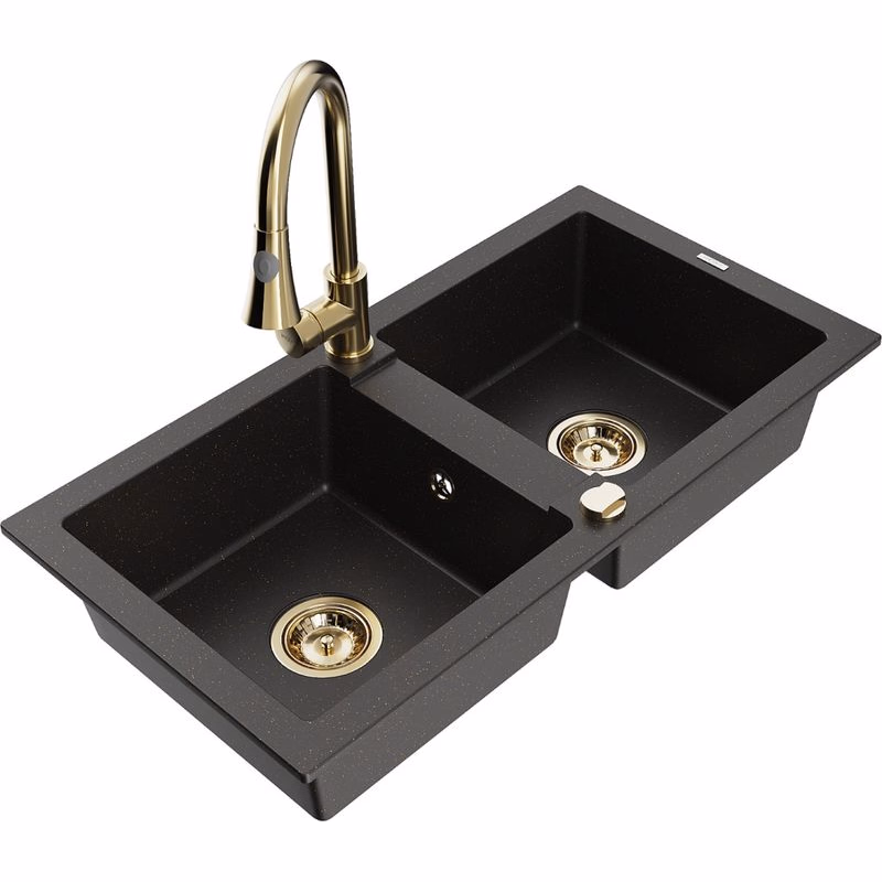 MEXEN/S MEXEN/S - Mario granitový drez 2-bowl vrátane batérie Elia, čierna/zlatá metalik 6504-75-670101-50