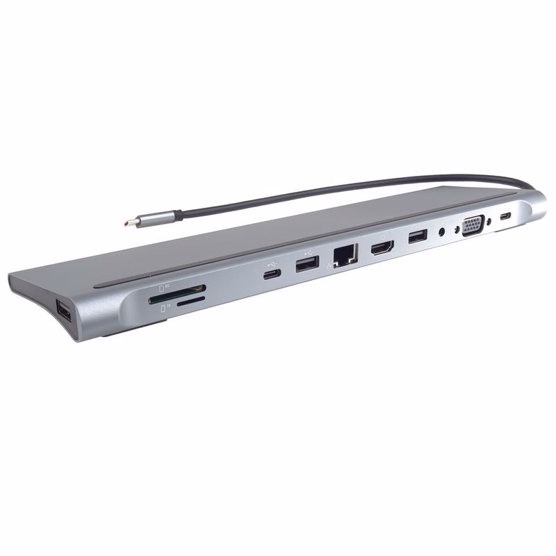 PREMIUMCORD Dokovacia stanica USB-C 10v1, 1xHDMI, 1xVGA, 2xUSB-C, 3xUSB, 1xRJ45, čítačka SD kariet, sivá