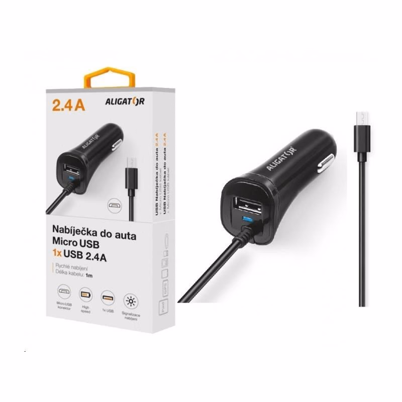 Aligator nabíjačka do auta Turbo charge, 12/24 V, 2, 4 A, microUSB, 1x USB výstup, čierna