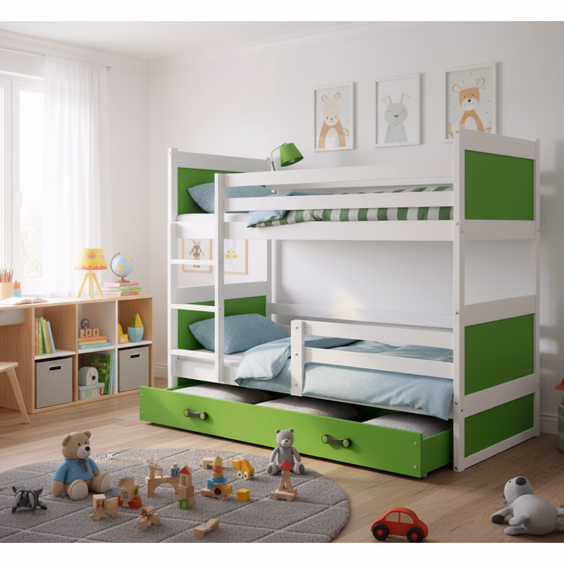 BMS Detská poschodová posteľ RICO 3 s úložným priestorom | 160x80 cm | biela/zelená