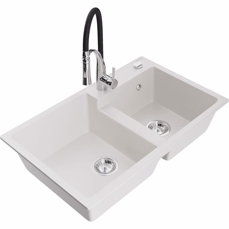 MEXEN/S MEXEN/S - Tomas granitový drez 2-bowl vrátane batérie Aster, biela 6516-20-73450-07