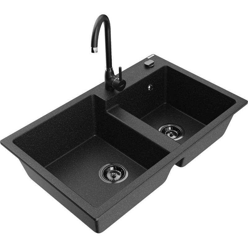 MEXEN/S MEXEN/S - Tomas granitový drez 2-bowl vrátane batérie Telma, čierna/strieborná metalík 6516-73-670200-70-B