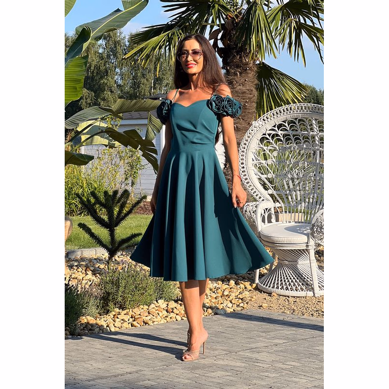 Elizabeth Collection Smaragdové midi šaty s ružami Veľkosť: XS