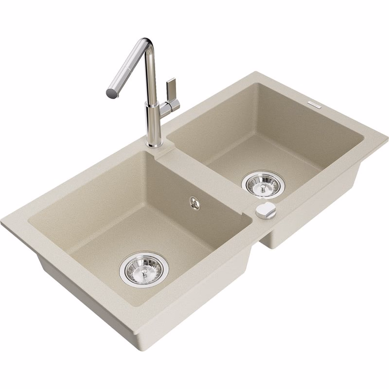 MEXEN/S MEXEN/S - Mario granitový drez 2-bowl vrátane batérie Flora, béžová 6504-69-670401-00