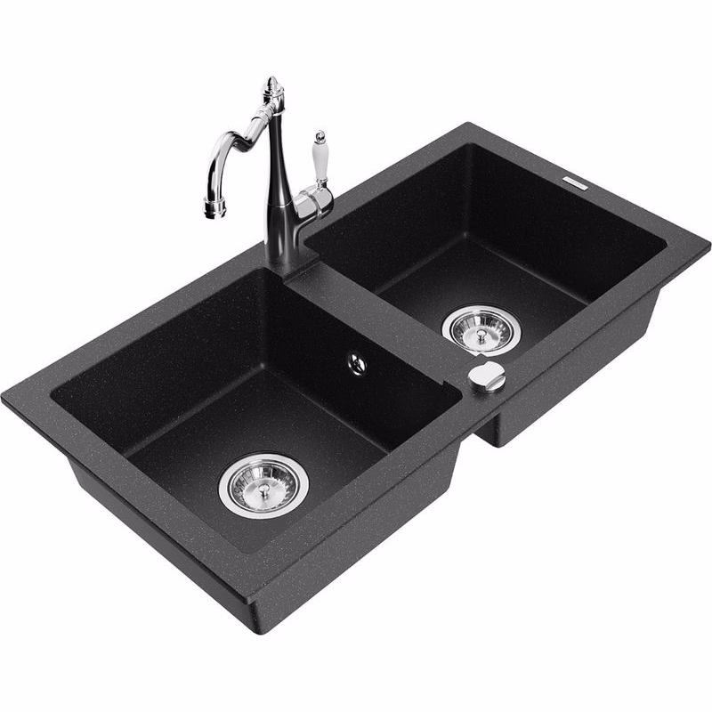 MEXEN/S MEXEN/S - Mario granitový drez 2-bowl vrátane batérie Carla, čierna/strieborná metalík 6504-73-670700-00