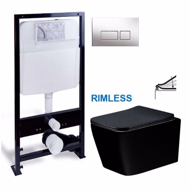 PRIM předstěnový instalační systém s chromovým tlačítkem 20/0041 + WC MEXEN TEO ČERNÁ Rimless + SEDADLO PRIM_20/0026 41 ME02