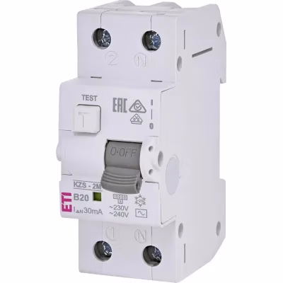 Chránič prúdový s nadprúdovou ochranou KZS-2M 1p+N AC B20/0,03 10kA (ETI)