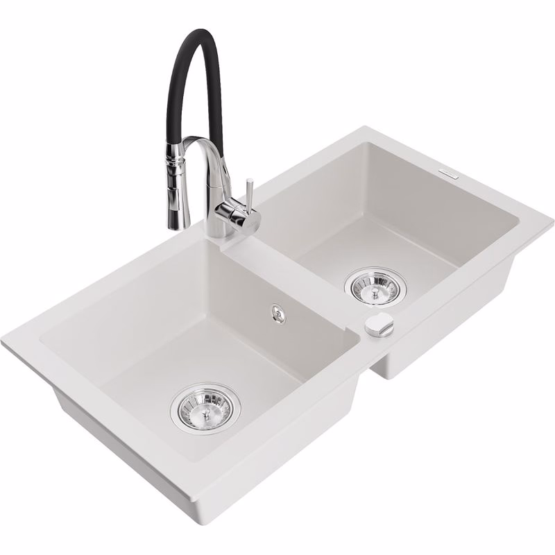 MEXEN/S MEXEN/S - Mario granitový drez 2-bowl vrátane batérie Aster, biela 6504-20-73450-07