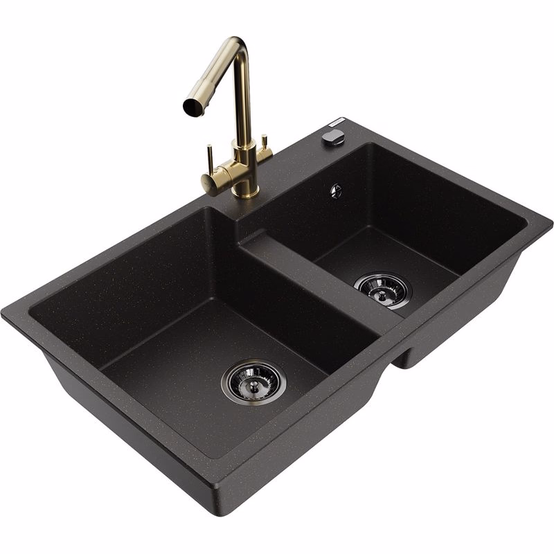 MEXEN/S MEXEN/S - Tomas granitový drez 2-bowl vrátane batérie Duero, čierna/zlatá metalik 6516-75-671600-50-B