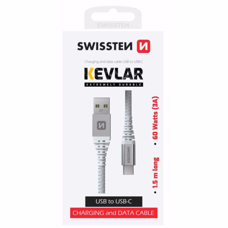 SWISSTEN DÁTOVÝ KÁBEL KEVLAR USB / USB-C 1,5 M BIELÝ