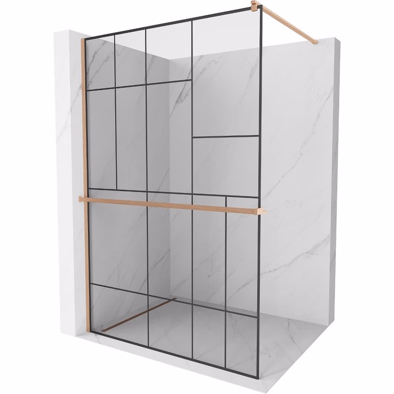 MEXEN/S - Kioto+ Sprchová zástena s poličkou WALK-IN 70 x 200, čierna vzor, meď kartáčovaná 800-070-121-65-78