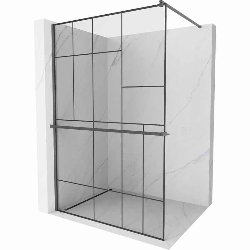 MEXEN/S - Kioto+ Sprchová zástena s poličkou WALK-IN 100 x 200, čierna vzor, grafit kartáčovaná 800-100-121-66-78