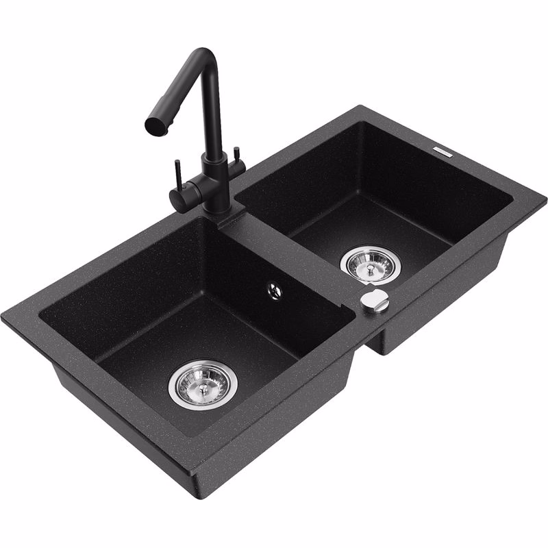 MEXEN/S MEXEN/S - Mario granitový drez 2-bowl vrátane batérie Duero, čierna/zlatá metalik 6504-75-671600-70