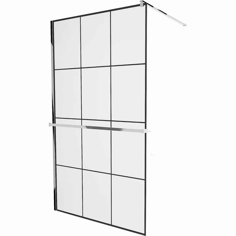 MEXEN/S - KIOTO Sprchová zástena WALK-IN s poličkou a držiakom uterákov 100 x 200, transparent/čierna 8 mm, chróm 800-100-121-01-77