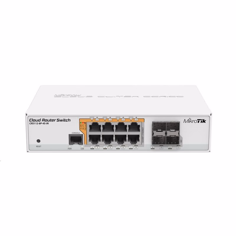 Mikrotik Cloud Router Switch CRS112-8P-4S-IN, 400MHz CPU, 128MB RAM, 8xLAN, PoE max. 67W, 4xSFP slot, vr. L5 licencie