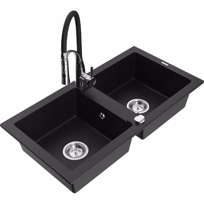 MEXEN/S MEXEN/S - Mario granitový drez 2-bowl vrátane batérie Aster, čierna 6504-77-73450-07
