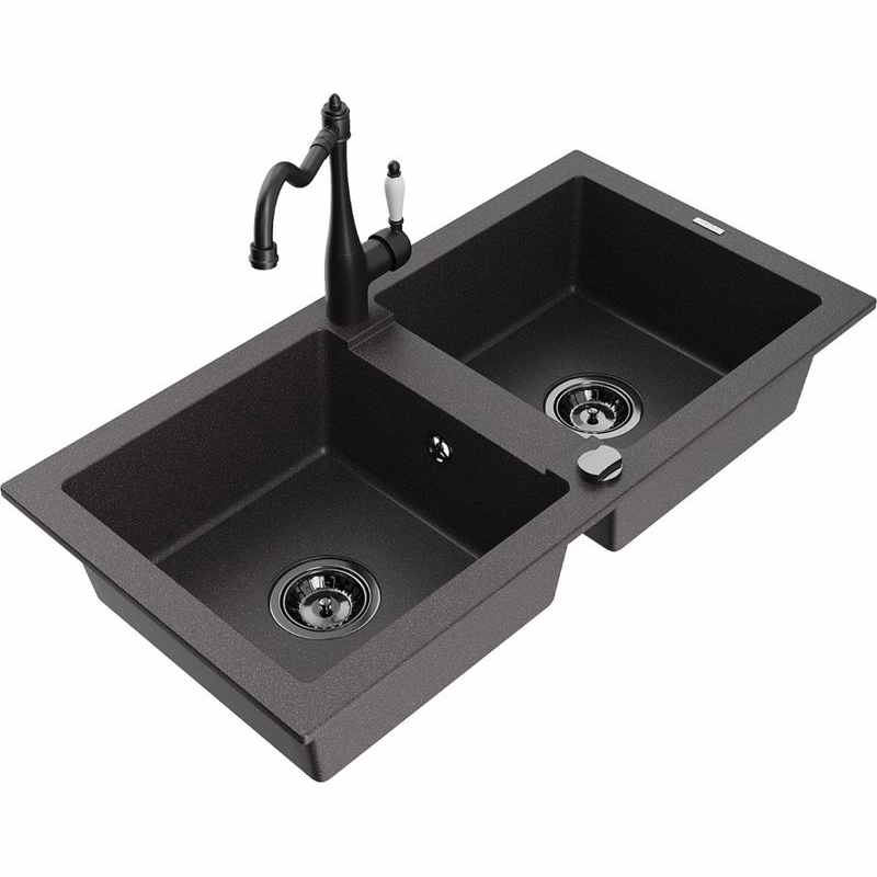 MEXEN/S MEXEN/S - Mario granitový drez 2-bowl vrátane batérie Carla, čierna kropenatá 6504-76-670700-70-B