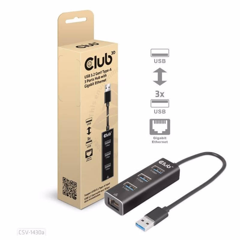 Club3D Rozbočovač, USB-A 3.2 Gen1 na 3x USB 3.1, Gigabit Ethernet